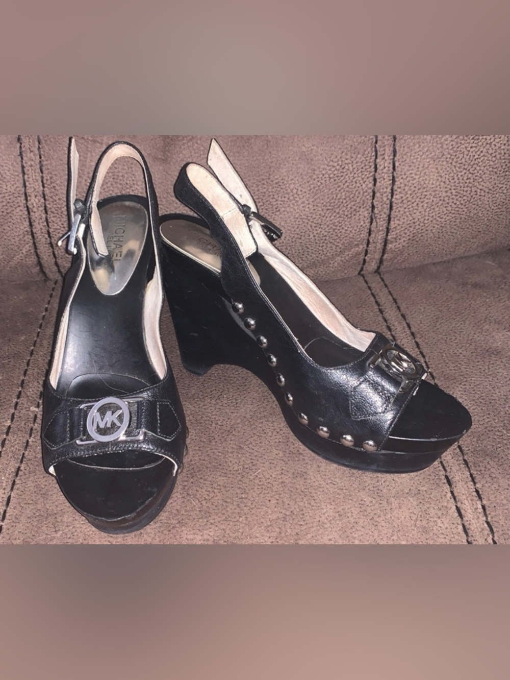 Michael Kors Black Leather Studded Slingback Wedge Sandals with MK Emblem - Picture 3 of 4